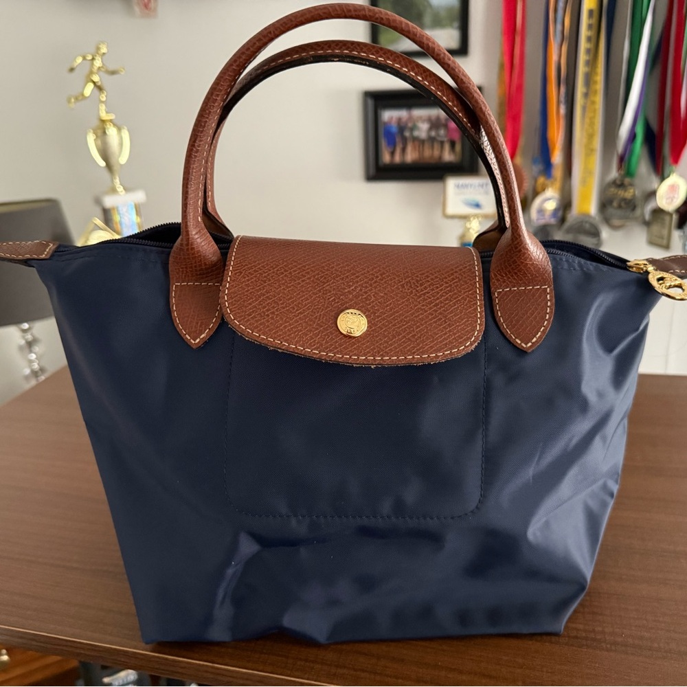 Longchamp Navy and Brown Small Tote